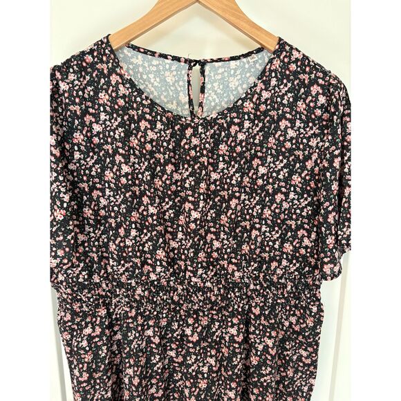 Women’s Black Floral Boho Dress Short Sleeve Ruffle Smocked Size XXL New - Picture 2 of 5
